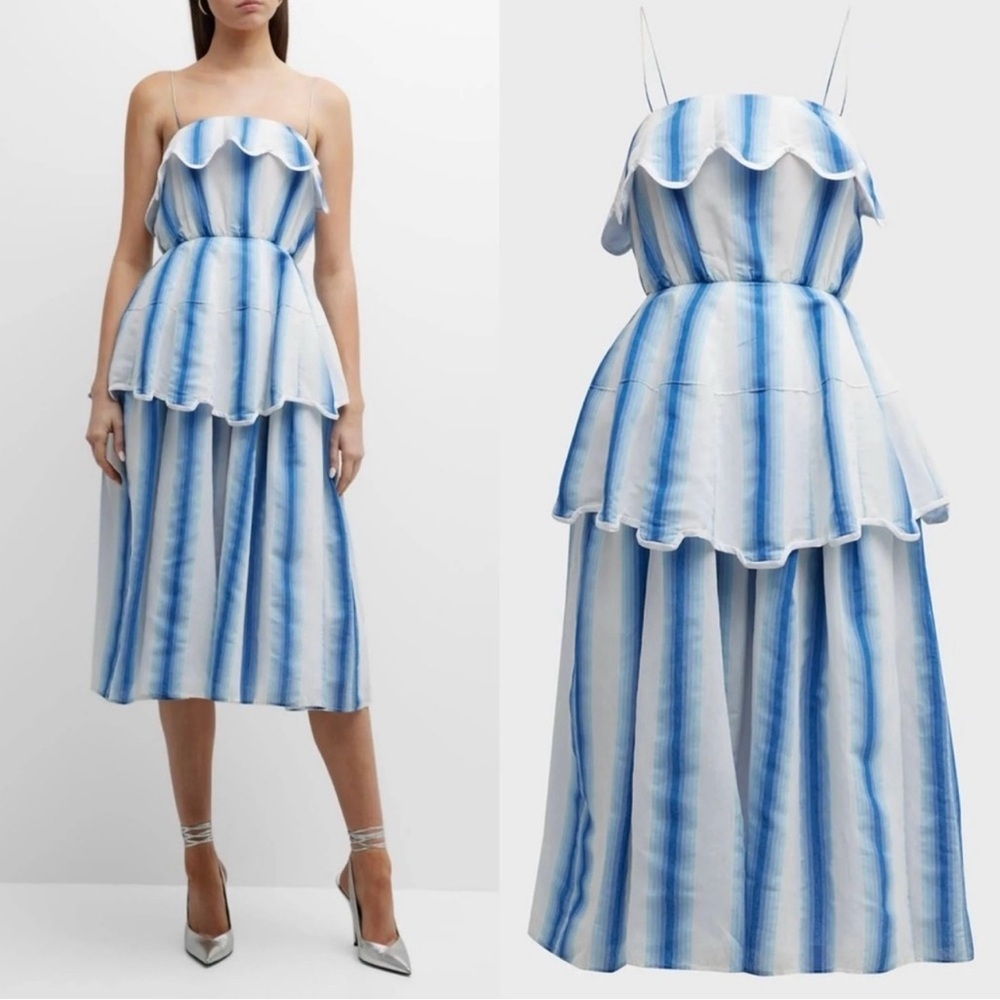 NWOT Rosie Assoulin Awning Striped Scallaped Peplum Midi Dress Size 2/XS